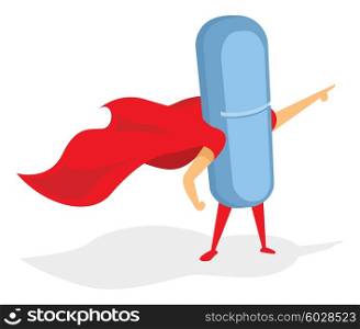 Pill or tablet drug super hero pointing with cape