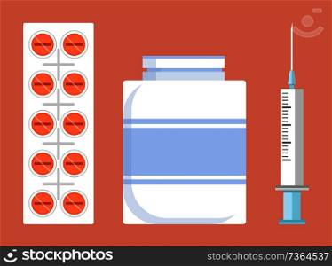 Pill strip and container consisting liquid, ointment in jar, syringe with ling sharp needle to make injection or vaccination, vector illustration. Pill Strip and Container, Vector Illustration