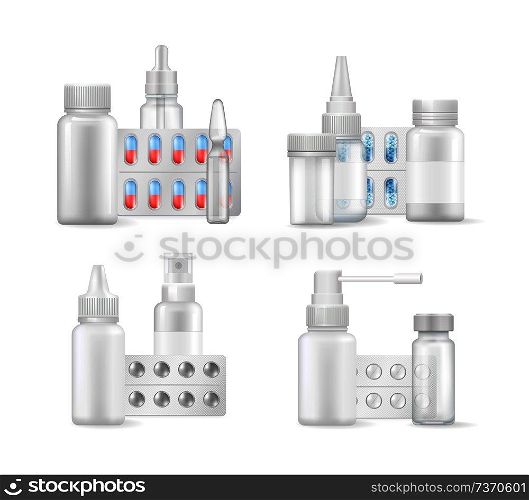 Pill strips, glass and plastic containers collection, healthcare products with places to store medical items, set isolated on vector illustration. Pill Strips and Containers Vector Illustration