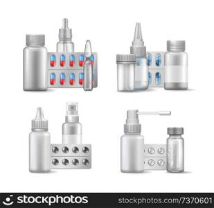 Pill strips, glass and plastic containers collection, healthcare products with places to store medical items, set isolated on vector illustration. Pill Strips and Containers Vector Illustration