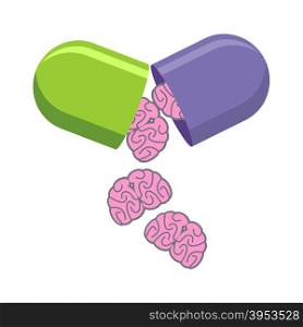 Pill with brains. Tablet for mind. Medical drug to increase IQ. Vector illustration.&#xA;