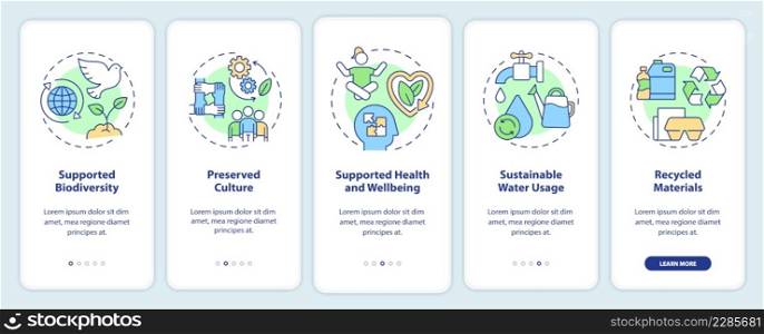 Pillars of circular economy onboarding mobile app screen. Sustainability walkthrough 5 steps graphic instructions pages with linear concepts. UI, UX, GUI template. Myriad Pro-Bold, Regular fonts used. Pillars of circular economy onboarding mobile app screen