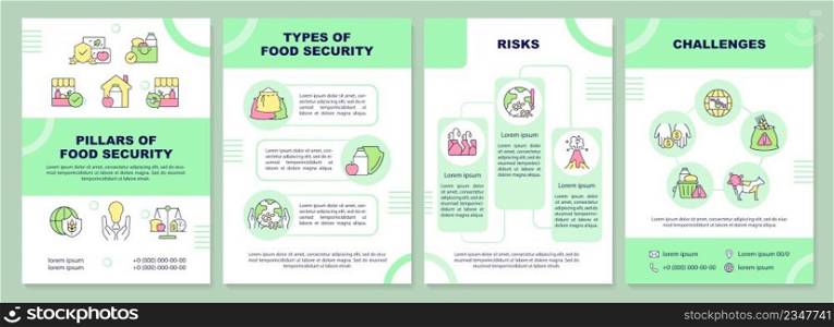 Pillars of food security brochure template. Risks and challenges. Leaflet design with linear icons. 4 vector layouts for presentation, annual reports. Arial-Black, Myriad Pro-Regular fonts used. Pillars of food security brochure template
