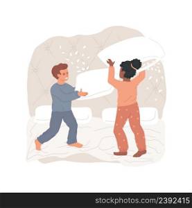 Pillow fight isolated cartoon vector illustration Kids jumping and fighting with pillows in bedroom, parents and children laughing together, having fight for fun, staying home vector cartoon.. Pillow fight isolated cartoon vector illustration