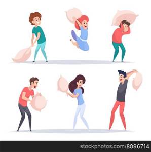 Pillow fighting. People attraction home fun playing with pillows cute friendship relationship in pajama party exact vector cartoon characters at home fun with pillow fight illustration. Pillow fighting. People attraction home fun playing with pillows cute friendship relationship in pajama party exact vector cartoon characters
