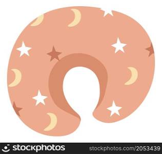 Pillow for comfortable traveling or flat cushion for newborn babies sleep. Soft and rounded shape support for head, decorated with stars and moons. Inflatable and anatomical. Vector in flat style. Travel pillow, cushion for newborn babies vector