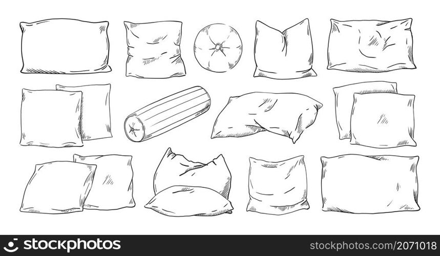 Pillow sketch. Doodle drawing of home comfort feather cushion shapes. Hand drawn comfortable orthopedic isolated bedding. Vector engraving bedroom or living room interior cozy soft accessories set. Pillow sketch. Doodle drawing of home comfort feather cushions. Hand drawn comfortable orthopedic bedding. Vector engraving bedroom or living room interior cozy soft accessories set