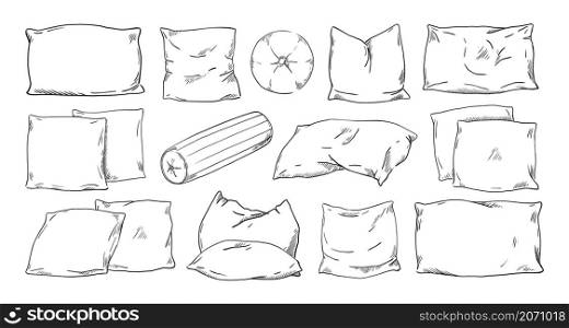Pillow sketch. Doodle drawing of home comfort feather cushion shapes. Hand drawn comfortable orthopedic isolated bedding. Vector engraving bedroom or living room interior cozy soft accessories set. Pillow sketch. Doodle drawing of home comfort feather cushions. Hand drawn comfortable orthopedic bedding. Vector engraving bedroom or living room interior cozy soft accessories set