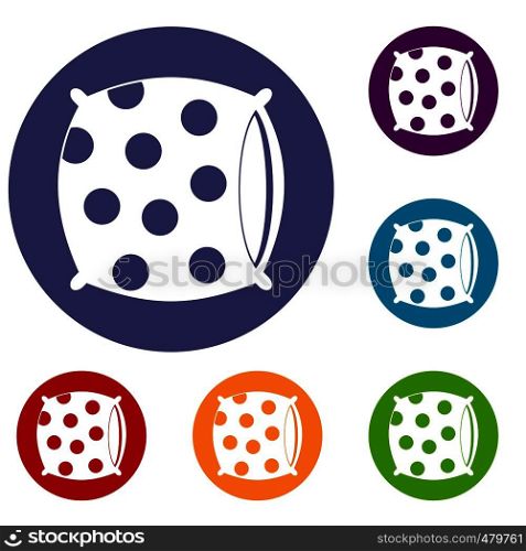 Pillow with dots icons set in flat circle red, blue and green color for web. Pillow with dots icons set