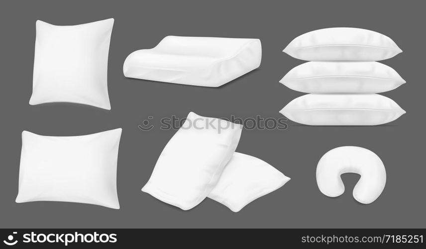 Pillows and bed cushions, vector realistic 3D white mockup templates. Inflatable travel cushion and orthopedic neck pillow, fluffy feather down pillows pile. Realistic white pillows, orthopedic bed cushions