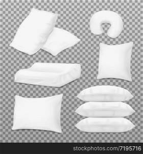 Pillows and bed cushions, vector realistic 3D white mockup templates. Inflatable travel cushion and orthopedic neck pillow, fluffy feather down pillows pile. Realistic white pillows, orthopedic bed cushions