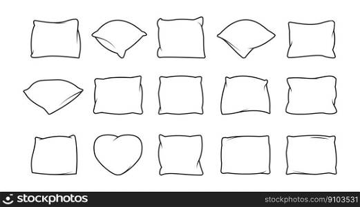 Pillows line icons. Soft cushions for sleeping, comfortable neck support orthopedic different shaped bed decoration thin linear style. Vector outline set. Sofa interior decor of different shape. Pillows line icons. Soft cushions for sleeping, comfortable neck support orthopedic different shaped bed decoration thin linear style. Vector outline set