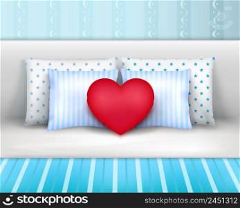 Pillows set on bed by headboard realistic composition with striped bedlinnen and heart shaped cushion vector illustration . Bedlinnen Pillows Cushions Realistic Composition