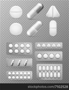 Pills 3d set. White tablet, drug and pill. Medicine close-up capsules isolated. Aspirin painkiller paracetamol drugs packing vector set