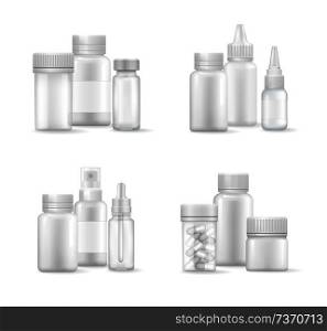 Pills and capsules in bottles collection of packaging for medical products helping people to recover quickly, containers set, vector illustration. Pills and Capsules in Bottles Vector Illustration