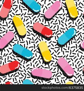 Pills and capsules seamless pattern, pop modern design, bold colors and geometry, vector illustration