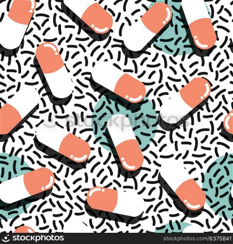 Pills and capsules seamless pattern, pop modern design, bold colors and geometry, vector illustration