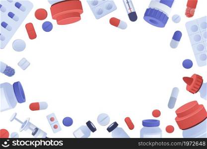 Pills background. Medical pharmacy banner with color tablets and capsules. Antibiotics drugs. Painkillers and vitamins pharmaceutical poster. Health care remedy blank frame. Vector medicine border. Pills background. Medical pharmacy banner with tablets and capsules. Antibiotics drugs. Painkillers and vitamins pharmaceutical poster. Health care remedy frame. Vector medicine border
