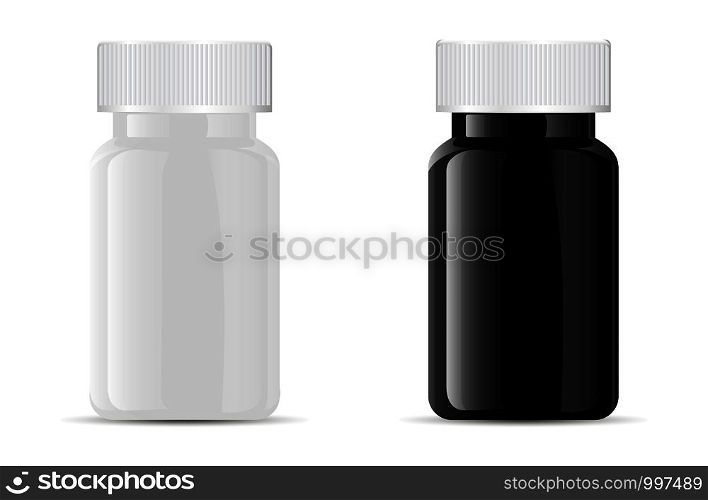 Pills bottle. Black and white medical glass or glossy plastic container for drugs, diet, nutritional supplements. Vector illustration isolated on white background.. Pills bottle. Black and white medical glass container