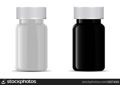Pills bottle. Black and white medical glass or glossy plastic container for drugs, diet, nutritional supplements. Vector illustration isolated on white background.. Pills bottle. Black and white medical glass container