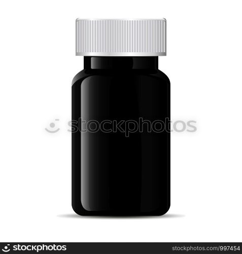 Pills bottle. Black medical glass or glossy plastic container for drugs, diet, nutritional supplements. Vector illustration isolated on white background.. Pill bottle. Black medical glass plastic container