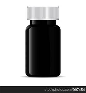Pills bottle. Black medical glass or glossy plastic container for drugs, diet, nutritional supplements. Vector illustration isolated on white background.. Pill bottle. Black medical glass plastic container