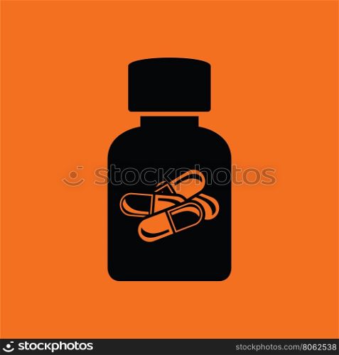 Pills bottle icon. Orange background with black. Vector illustration.