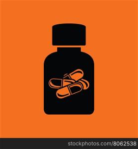 Pills bottle icon. Orange background with black. Vector illustration.