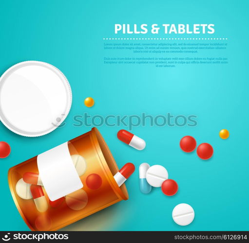 Pills Bottle Realistic Illustration . Pills capsules and tablets bottle on blue background realistic vector illustration