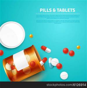 Pills Bottle Realistic Illustration . Pills capsules and tablets bottle on blue background realistic vector illustration