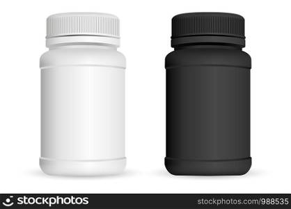 Pills bottles. White and black medical container for drugs, diet, nutritional supplements. Vector illustration isolated on white background.. Pills bottles. Medical container for drugs, diet