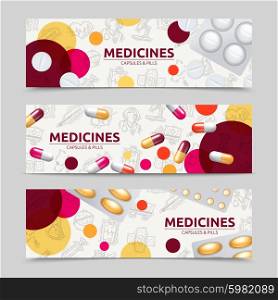 Pills capsules and medicines horizontal banner set isolated vector illustration. Pills Banner Set