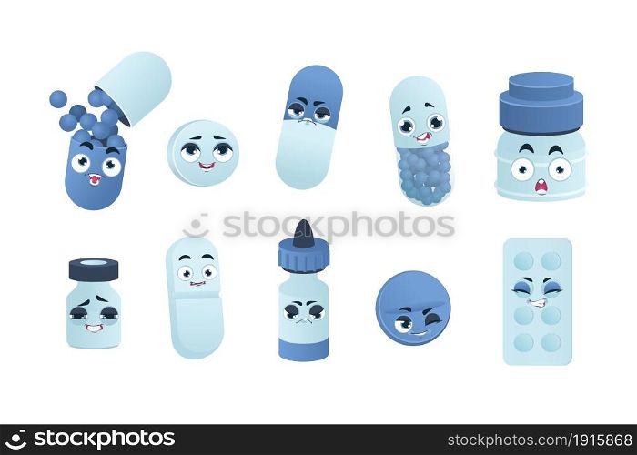 Pills characters. Cartoon medicine drugs and funny vitamins mascots. Cute isolated medical heroes. Emoticon blue stickers for kids capsules with happy or sad face expressions. Vector medicaments set. Pills characters. Cartoon medicine drugs and funny vitamins mascots. Cute medical heroes. Emoticon stickers for kids capsules with happy or sad face expressions. Vector medicaments set