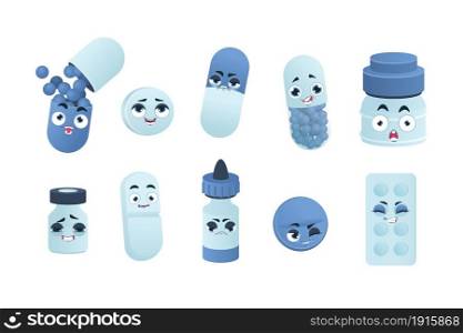 Pills characters. Cartoon medicine drugs and funny vitamins mascots. Cute isolated medical heroes. Emoticon blue stickers for kids capsules with happy or sad face expressions. Vector medicaments set. Pills characters. Cartoon medicine drugs and funny vitamins mascots. Cute medical heroes. Emoticon stickers for kids capsules with happy or sad face expressions. Vector medicaments set