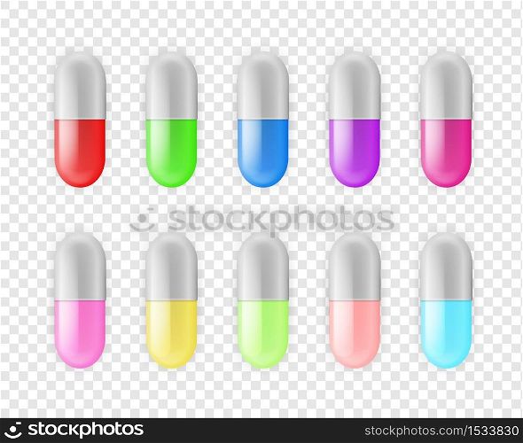 Pills collection with different colors. Realistic drugs or vitamins set, multicolored tablet or capsule medicine and pharmaceutical vector design elements isolated on transparent background. Pills collection with different colors. Realistic drugs or vitamins set, multicolored capsule medicine and pharmaceutical vector elements isolated on transparent background