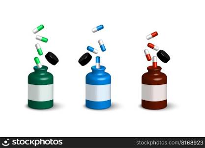 pills fall into bottles. Realistic 3d vector. Vector illustration. EPS 10.. pills fall into bottles. Realistic 3d vector. Vector illustration.
