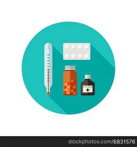 Pills flat icon.. Medicine icon with pills and thermometer in flat style.
