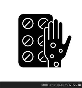 Pills for allergy black glyph icon. Antihistamine medication. Relieve allergic rhinitis symptoms. Relief from nasal stuffiness. Silhouette symbol on white space. Vector isolated illustration. Pills for allergy black glyph icon