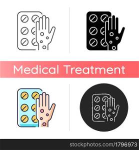 Pills for allergy icon. Antihistamine medication. Relieve allergy symptoms. Allergic rhinitis treatment. Relief from nasal stuffiness. Linear black and RGB color styles. Isolated vector illustrations. Pills for allergy icon