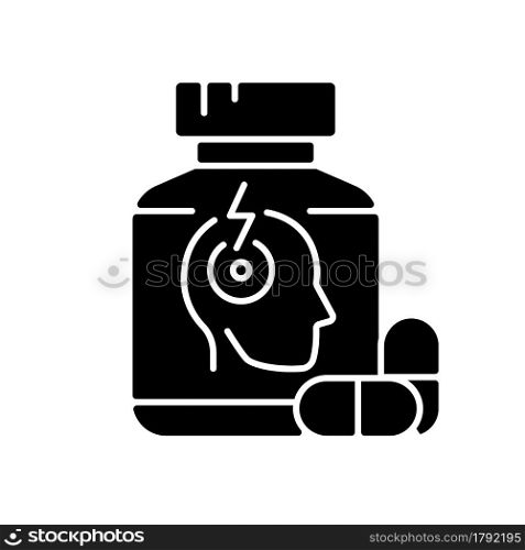 Pills for headache black glyph icon. Pain reliever. Acute migraine medication. Reducing discomfort in head. Chronic pain treatment. Silhouette symbol on white space. Vector isolated illustration. Pills for headache black glyph icon