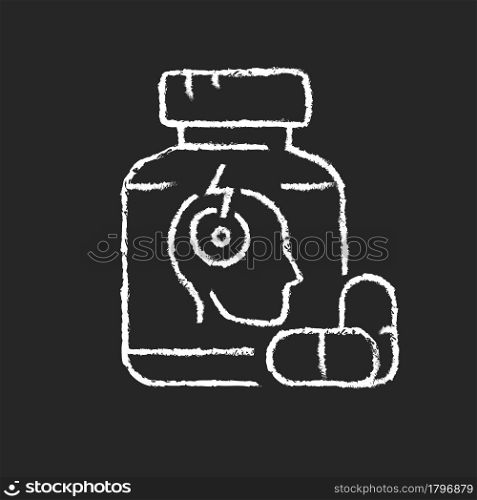 Pills for headache chalk white icon on dark background. Pain reliever. Acute migraine medication. Reducing discomfort in head. Chronic pain treatment. Isolated vector chalkboard illustration on black. Pills for headache chalk white icon on dark background
