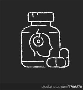 Pills for headache chalk white icon on dark background. Pain reliever. Acute migraine medication. Reducing discomfort in head. Chronic pain treatment. Isolated vector chalkboard illustration on black. Pills for headache chalk white icon on dark background