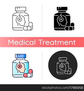 Pills for headache icon. Pain reliever. Acute migraine medication. Reducing discomfort in head. Painkiller. Chronic pain treatment. Linear black and RGB color styles. Isolated vector illustrations. Pills for headache icon