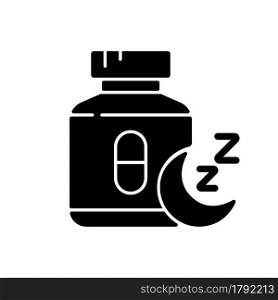 Pills for insomnia black glyph icon. Sleeping medication. Handling night terrors. Treating sleeplessness. Improve sleep-wake cycle. Silhouette symbol on white space. Vector isolated illustration. Pills for insomnia black glyph icon