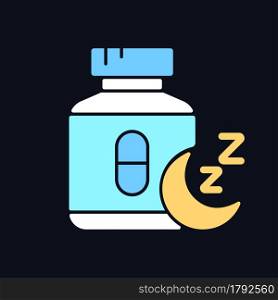 Pills for insomnia RGB color icon for dark theme. Sleeping medication. Improve sleep-wake cycle. Isolated vector illustration on night mode background. Simple filled line drawing on black. Pills for insomnia RGB color icon for dark theme