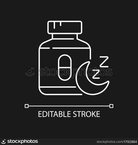 Pills for insomnia white linear icon for dark theme. Sleeping medication. Improve sleep-wake cycle. Thin line customizable illustration. Isolated vector contour symbol for night mode. Editable stroke. Pills for insomnia white linear icon for dark theme