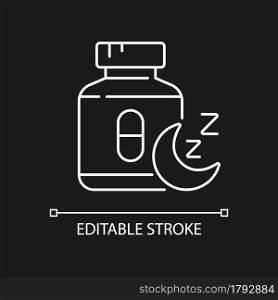 Pills for insomnia white linear icon for dark theme. Sleeping medication. Improve sleep-wake cycle. Thin line customizable illustration. Isolated vector contour symbol for night mode. Editable stroke. Pills for insomnia white linear icon for dark theme