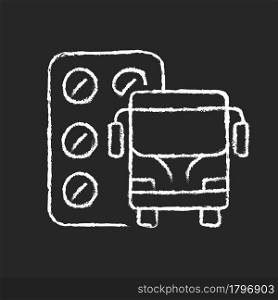 Pills for motion sickness chalk white icon on dark background. Nausea and vomiting reducing. Preventing travel sickness. Cure dizziness, vomiting. Isolated vector chalkboard illustration on black. Pills for motion sickness chalk white icon on dark background