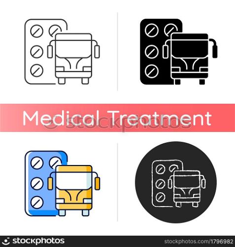 Pills for motion sickness icon. Nausea and vomiting reducing. Preventing travel sickness. Airsick, seasick. Cure dizziness, vomiting. Linear black and RGB color styles. Isolated vector illustrations. Pills for motion sickness icon