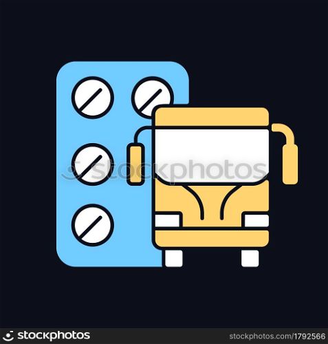 Pills for motion sickness RGB color icon for dark theme. Nausea, vomiting reducing. Travel sickness. Isolated vector illustration on night mode background. Simple filled line drawing on black. Pills for motion sickness RGB color icon for dark theme
